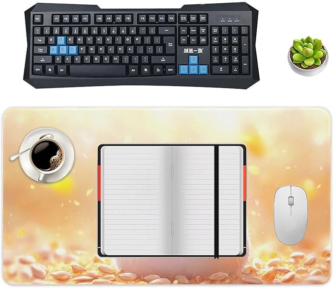 Large Ergonomic Gaming Mouse Pad Happy Hamster with Sunflower Seed - Cute Animal Theme with Non-Slip Base Water-Resistant Surface and Stitched Edges 40X75cm
