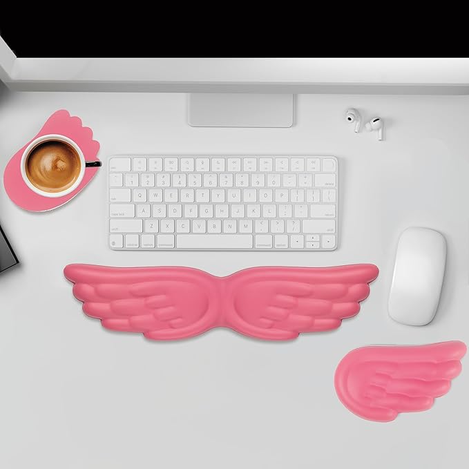 Angel Wing Wrist Rest,Cute Wrist Rest for Keyboard and Mouse,Hand Rests Set Include Ergonomic Keyboard & Mouse Hand Rest and Coaster,Filled Resilient Memory Foam,for Work,Study,Gaming (Black)