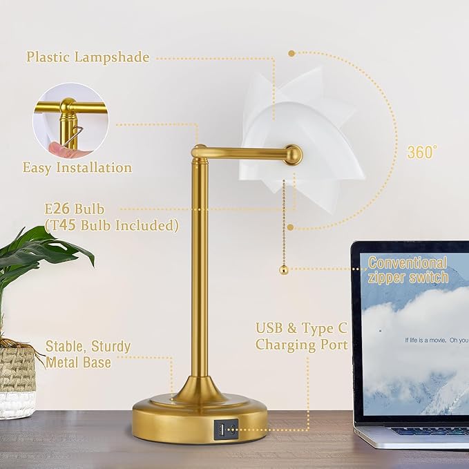 Vintage Desk Lamp Bankers Lamp - Plastic Lampshade Retro Table Lamp with USB & Type C Charging Ports Traditional Library Lamp for Home Office Nightstand Bedroom Side Table Lamp(T45 Bulb Included)