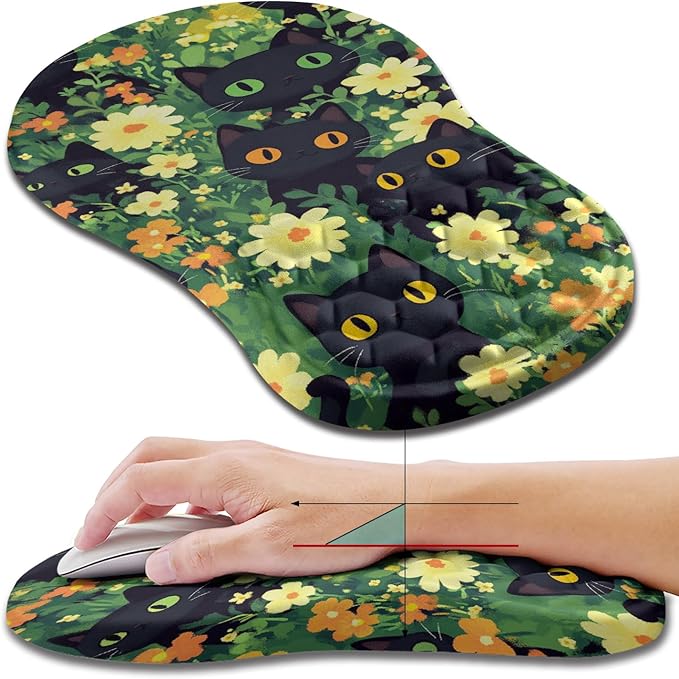 Hokafenle Ergonomic Mouse Pad Wrist Support, Wrist Rest Mousepad for Carpal Tunnel with Integrated Memory Foam Slope Massage Bulge (11.8x7.9 inch,Cute Cat)