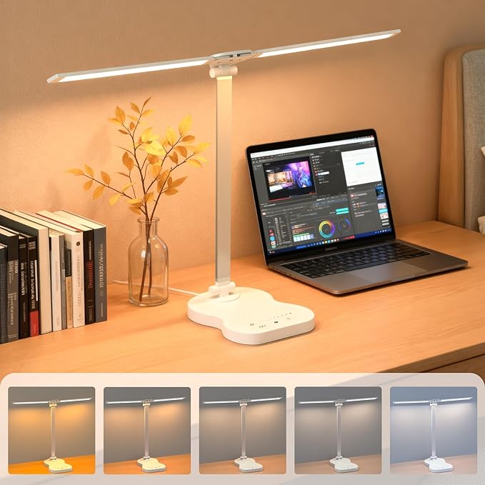 LED Desk Lamp with USB Charging Port, 5 Color Modes 10 Brightness, Dual Swing Arm Dimmable Desk Lamps for Home Office Nail Dorm (White)