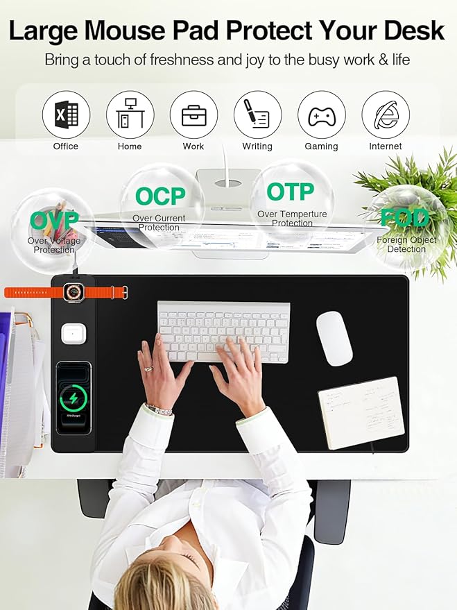 Mouse Pad with Magnetic Wireless Charging, Large Desk Mat, Non-Slip Mouse Mat, Keyboard Pad for Gaming, Desk, Office, PC (The Left Charging-Black)