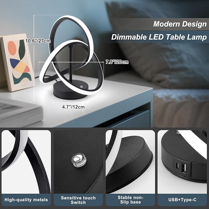 Modern Spiral Table Lamps, LED Modern Table Lamp, Black Decor Bedside Light with Touch Control, 3 Color Dimmable Nightstand Lamp for Bedroom, Side Small Table Lamp for Living Room