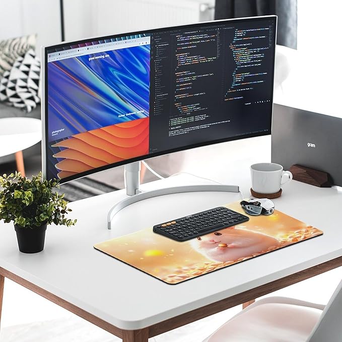 Large Ergonomic Gaming Mouse Pad Happy Hamster with Sunflower Seed - Cute Animal Theme with Non-Slip Base Water-Resistant Surface and Stitched Edges 40X75cm