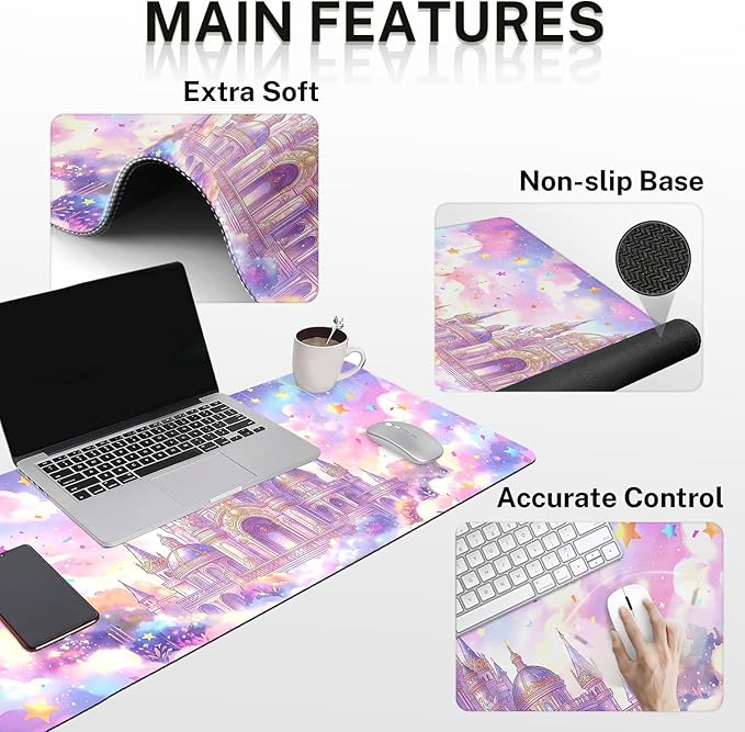 Arttown Pink Castle Desk Mat Star Ribbons Mouse Pad Set 4 in 1 Ergonomic Design Large Mouse Pad + Keyboard Wrist Rest + Mouse Wrist Rest + Coaster Suitable for Home Office Study Game