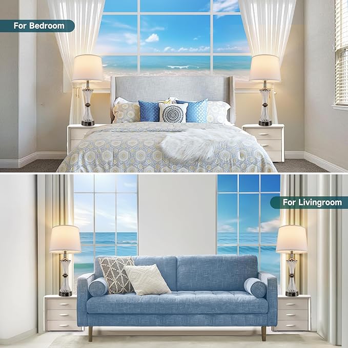 Terpsichore Touch Dimmable Table Lamps Modern Glass Table Lamp LED Lights Coastal Light USB Powered Desk Lights Bedside Crystal Lamps Nightstand Lamp Set of 2 & Outlets for Bedroom, Living Room
