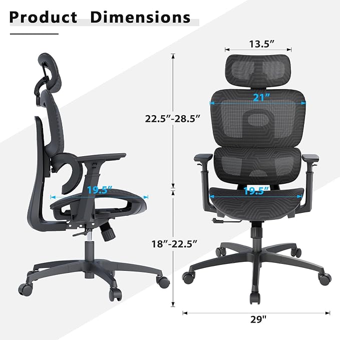 Ergonomic Mesh Office Chair, Adjustable Headrest, 3D Armrests, Lumbar Support, Tilt Lock Function, Breathable High-Back Desk Chair Computer Chair for Home Office Work, Study, Gaming, Black