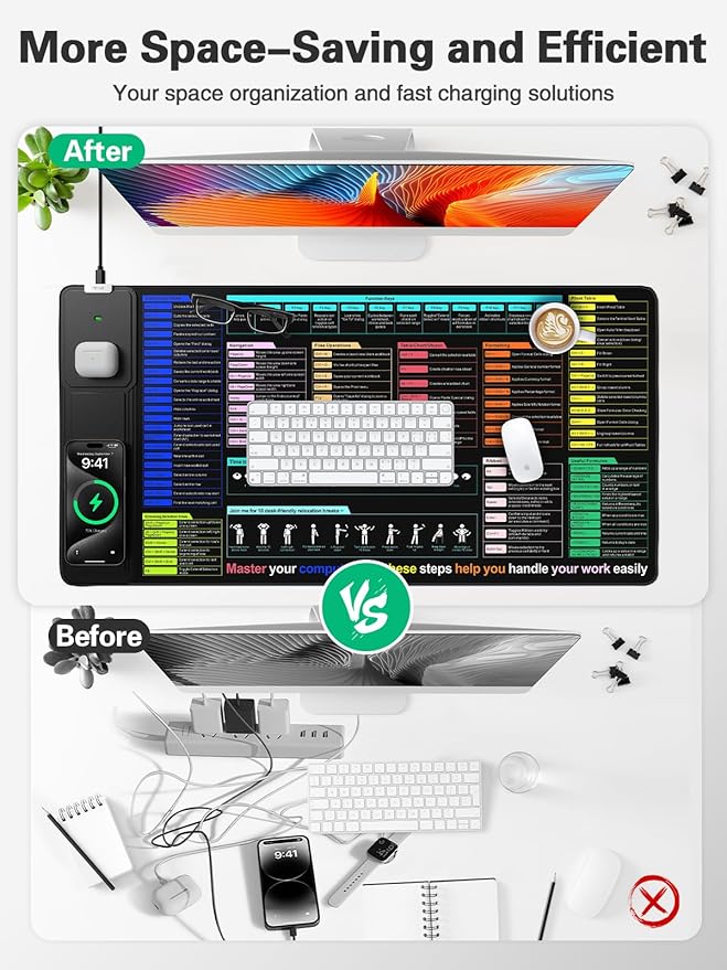 Mouse Pad with Foldable Phone Holder, Wireless Charging Desk Mat with Excel/Word/PowerPoint/Windows Shortcut Keys, 31.5"x15.8" Large Mousepad, XXL Desk Pad with Non-Slip, Waterproof