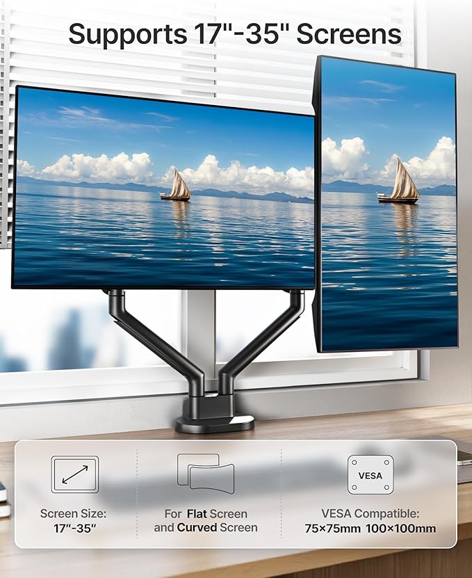 monTEK Dual Monitor Stand for 2 Screens 17 to 35 Inch, Heavy Duty Monitor Mount Arm, VESA Mount Desk Stand with C-Clamp/Grommet Base, Holds up to 24.3 lbs Per Arm, VESA 75/100mm