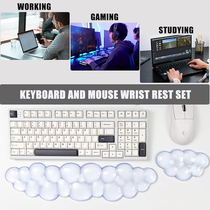 Ergonomic Gel Cloud Keyboard and Mouse Wrist Rest Set – Clear Wrist Rest for Computer Keyboard 60%/68%/75%, Comfort & Support for Typing and Gaming (Light Blue)
