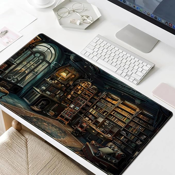 Dark Gothic Desk Mat Gaming Desk Pad Large Mouse Pad, Magician'S Fantasy Bookcase Gothic Mouse Mat XXL Laptop Keyboard Pad, Laptop Keyboard and Mouse Mat Desktop Protector Mat 31.5 X 15.7 in