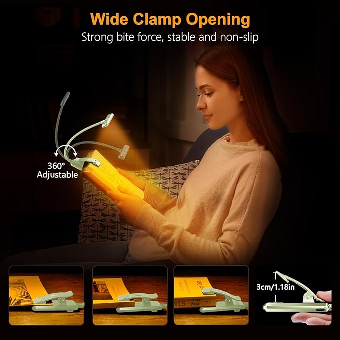 Gritin 19 LED Rechargeable Book Light for Reading in Bed with Memory Function- Eye Caring 3 Color Temperatures,Stepless Dimming Brightness,90 Hrs Runtime Clip on Light for Book Lovers-Cyan
