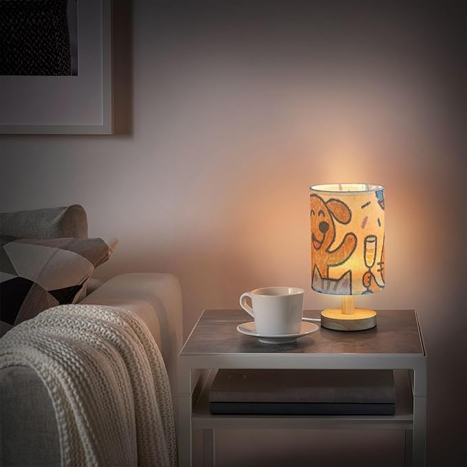 Happy Cat and Dog LED Table Lamp, Bedside Lamp with Linen Lampshade, Flicker-Free Eye Care USB Plug in Nightstand Lamp, for Bedroom and Office