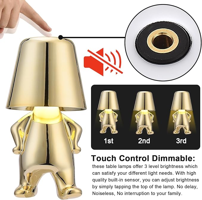 Bedside Touch Control Table Lamp Collection, Gold Decor Thinker Statue LED Table Lamp with USB Port, 3 Way Dimmable Modern Night Light Nightstand Lamp for Home Office(#1)
