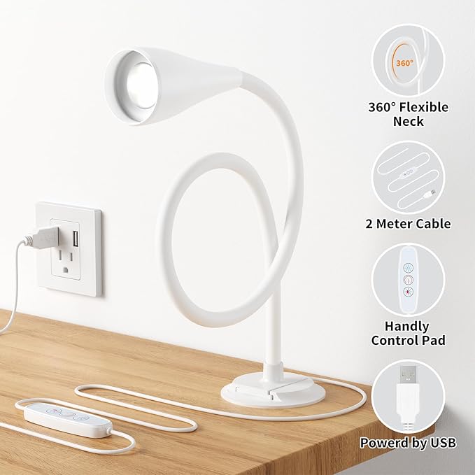 Wall Mounted Reading Light, Wall Light for Book at Night in Bed,Bedside,Headboard,Desk, Eye Care LED, Plug in USB Powered,5 Color & Brightness Dimmable, Flexible Gosseneck, 2 Pack