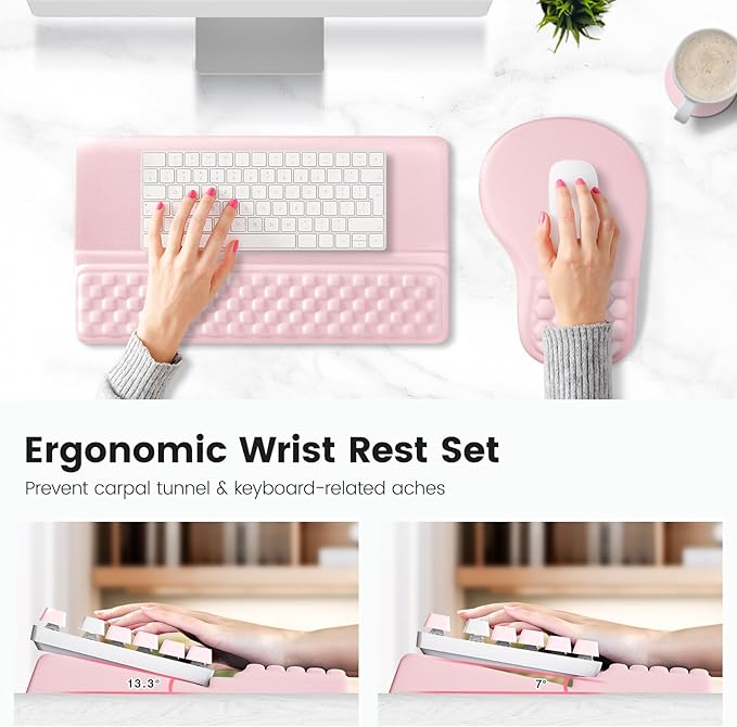Ospelelf Ergonomic Mouse Pad and Keyboard Stand Wrist Rest Set, Memory Foam Comfort, for Typing, Office Desk Accessories, Pink