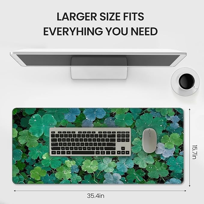 XXL Gaming Mouse Pad, Lucky Four-Leaf Clover Design, 35.4 x 15.7 Inches, Microfiber Cloth, Non-Slip Rubber Base, Extended Desk Mat