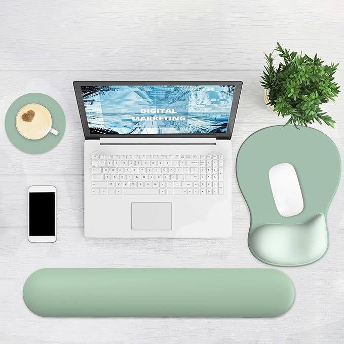 Ergonomic Mouse Pad with Wrist Rest and Keyboard Wrist Rest, Gel Mousepad and Wrist Rest for Computer Keyboard, Ergonomic Wrist Support, Non-Slip PU Base, Mouse Pad with Wrist Support for Gaming, Office, Green