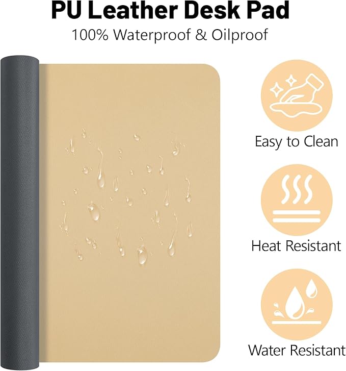Non-Slip Desk Pad Mat, Leather Desk Mat for Desktop Latte, Waterproof Computer Mouse Mat Desktop Protector for Office/Home, 23.6" x 13.7"