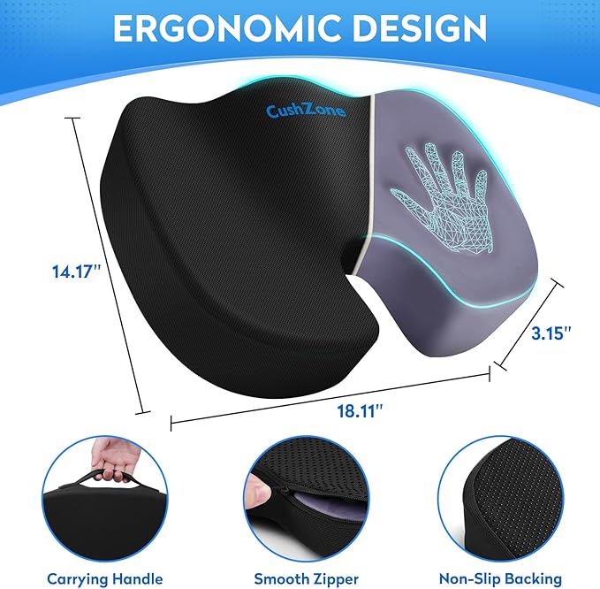 Seat Cushion - Memory Foam Office Chair Cushion for Coccyx, Tailbone & Back Support - Orthopedic Coccyx Pillow for Car, Airplane, Pregnancy & Long Sitting at Work, Black