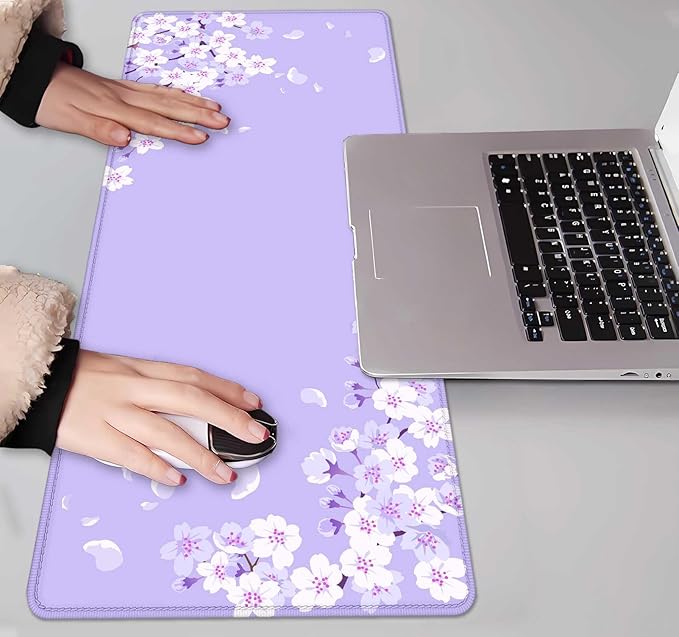 IMAYONDIA Sakura Japanese Desk Mat, Cherry Blossom Large Gaming Mouse Pad, Elegant Floral Mousepad for Women, Purple Flowers Aesthetic Desk Pad for Work Decor, Game, Office, 31.5x11.8