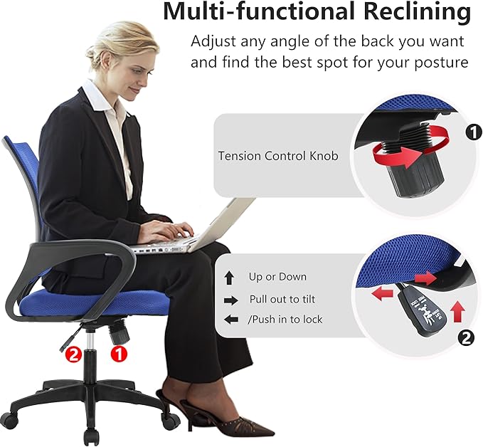 BestOffice | Ergonomic Office Chair | Mid-Back Swivel Desk Chair | Breathable Backrest & Lumbar Support | Adjustable Height | Sponge Seat | Rolling Wheels | Dark Blue | for Adults & Women