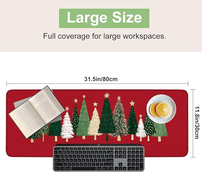 Desk Mat, XXL Extended Gaming Pad for Desktop, 31x12 Inches Trees on Red Background, Large Non-Slip Vegan Leather Surface with Stitched Edges, Keyboard Mouse Mat for Home Office