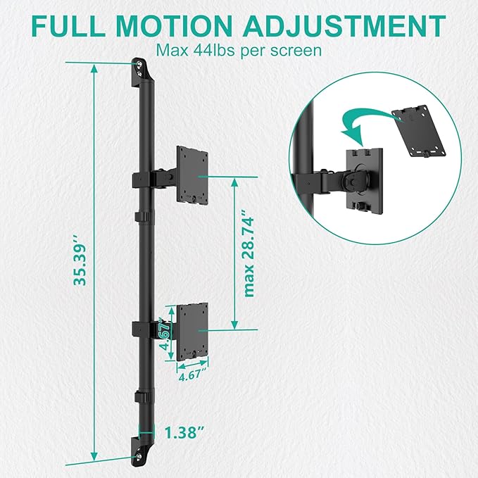 WALI Vertical Dual Monitor Wall Mount, Stacked Monitor Wall Mount for 17-49 Inch 2 Screens 44lbs each with Height Adjustment Heavy Duty Sturdy Steel Tilt Swivel Rotate Flexibility VESA 75x75/100x100mm