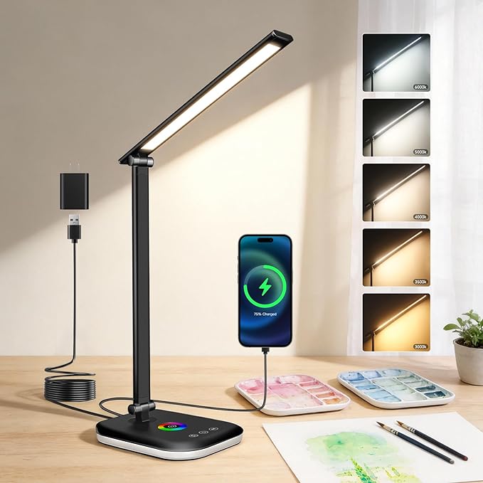 LED Desk Lamp for Office Home, 800 Lumen Bright Puzzle Light, 10%-100% Dimmable Brightness & 5 Color, Eye Caring Desk Light for Reading, Craft, Puzzl, Daily Use | USB desk lamp | 45 Min Timer | RGB