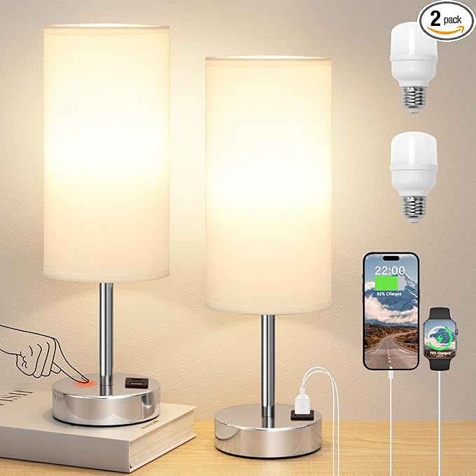 Dicoool Bedside Table Lamps for Bedroom Set of 2 - Touch Lamp for Nightstand with USB-A+C Charging Ports - 3 Way Dimmable Small Desk Lamp White for Office, Dorm Room, Living Room, Reading, Nursery