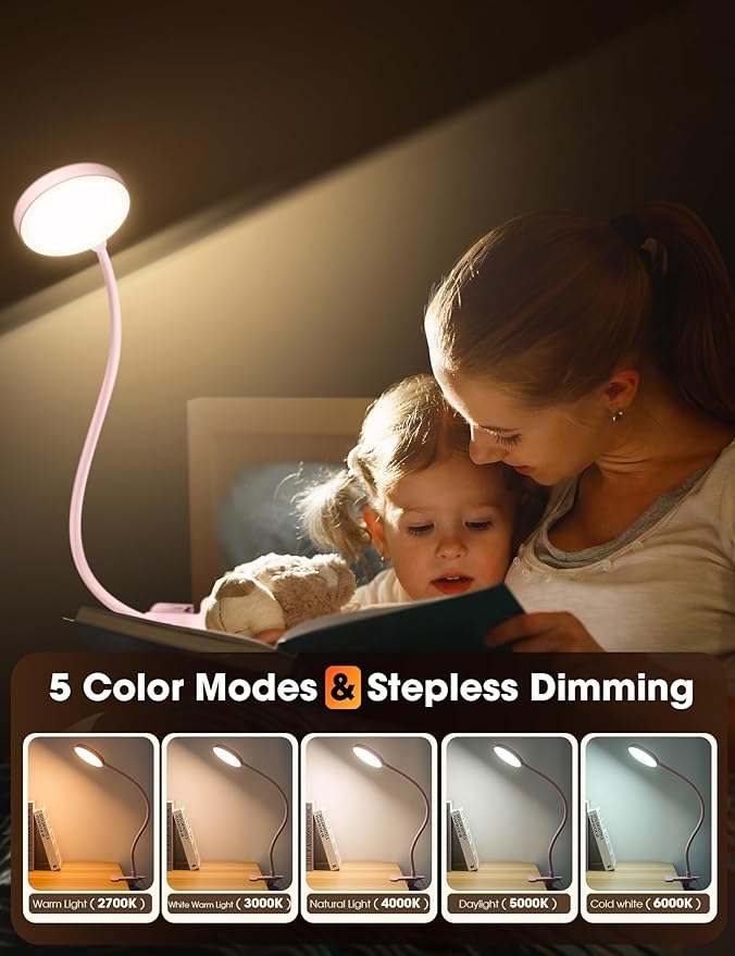 Desk Lamp Clip on Light 8W 66 LED Reading Light for Bed, 5 Colors 10 Dimming Levels, Eye Caring Metal Reading Lamp, Clip lamp for Bed Headboard Home Office (Pink)