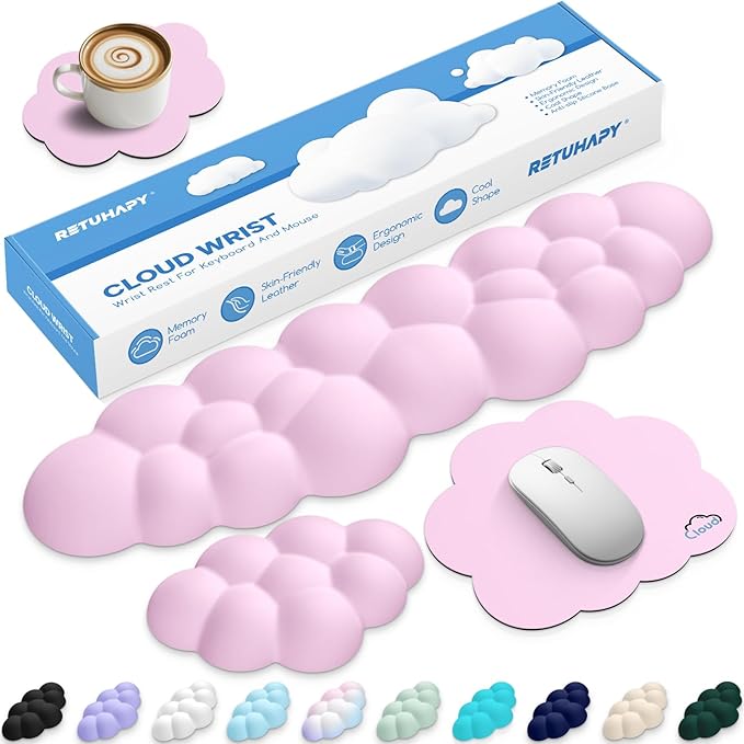 Cloud Wrist Rest Keyboard Cushion, 4-in-1 Ergonomic Cloud Keyboard Wrist Rest and Mouse Pad Set with Memory Foam Arm Support for Palm, Cute Desk Accessory for PC Gaming Setup, Pink