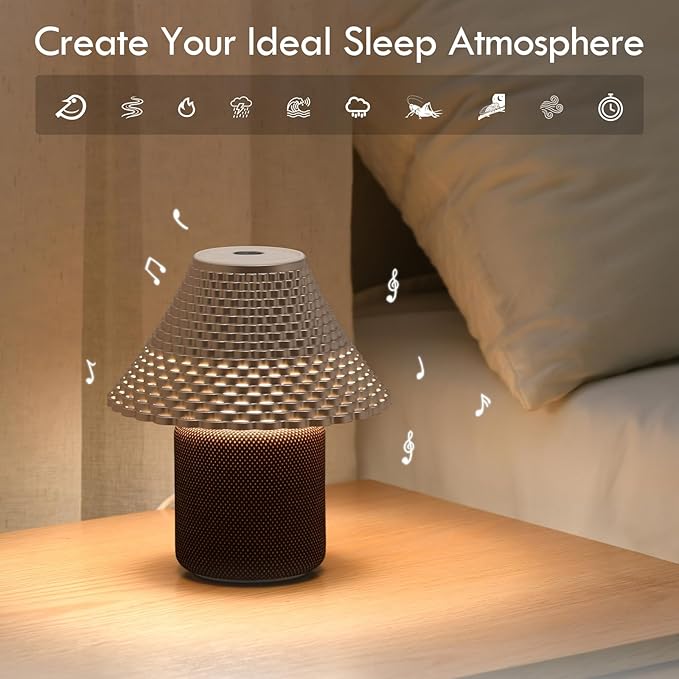 Bedside Table Lamp with White Noise Machine - 10 Soothing Sounds, Gesture Control Sensor & Dimmable Night Light - 30/60/90 Min Auto-Off Timer for Sleep, Nursery, Office & Home Decor- Gold