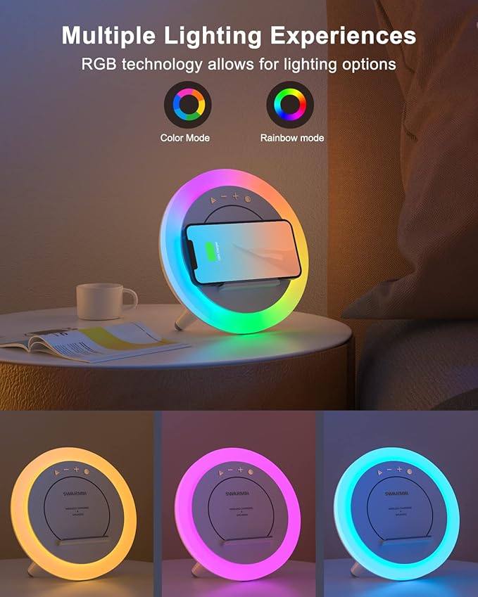 Swarmir Bluetooth Speaker Night Lights, Wireless Charging Kids Speaker, Color Changing Modern Bluetooth Lamp,Teenage Boys Girls Gifts Ideas(10W Wireless Charging)