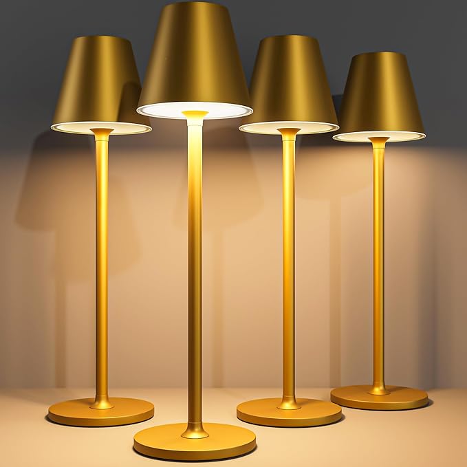 4-Pack Cordless Table Lamps - 5000mAh Rechargeable Battery Operated Desk Lamp, 3-Level Dimmable LED Night Light for Bedroom, Dining, Restaurant - Metal Design (Bronze 4PACK)