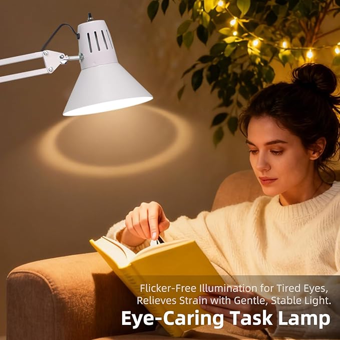 LED Desk Lamp Dimmable with Clamp, Eye-Caring Clip on Lights for Home Office, 3 Adjustable Color Temperature,Extra Tall Metal Swing Arm, High Intensity Clamp w/A19 E26 Bulb for Working Reading
