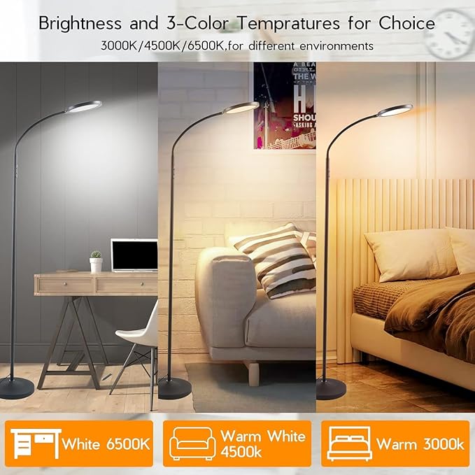 Tenmiro Dimmable Floor Lamp,Super Bright Modern LED Lamps Custom Color Temperature Standing Lamp with Remote Push Button Control,Adjustable Gooseneck Reading Floor Lamp for Living Room Bedroom Office