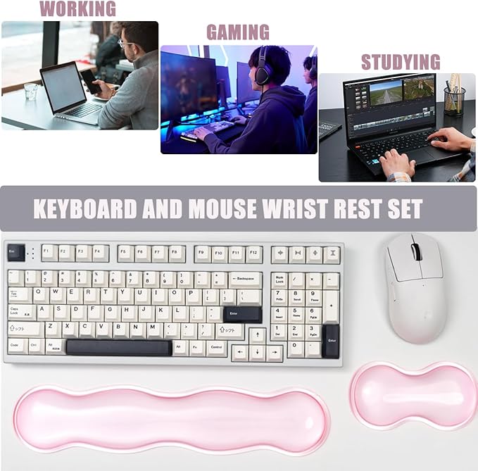Clear Gel Keyboard Wrist Rest, Pink Silicone Keyboard Wrist Rest, Cute Ergonomic Wrist Rest for Keyboard 60%/75% (Pink-Long)