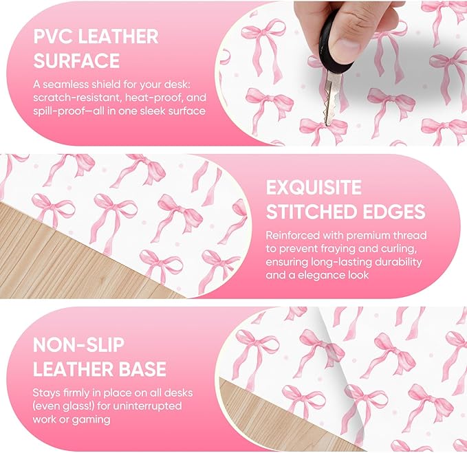 Desk Mat, XXL Large Mouse Pad,Leather Desk Pad Blotter Protector,Computer Laptop Mouse Pads for Desktop,Waterproof Writing Anti-Slip Mousepad for Office and Home I Pink Bow Girly