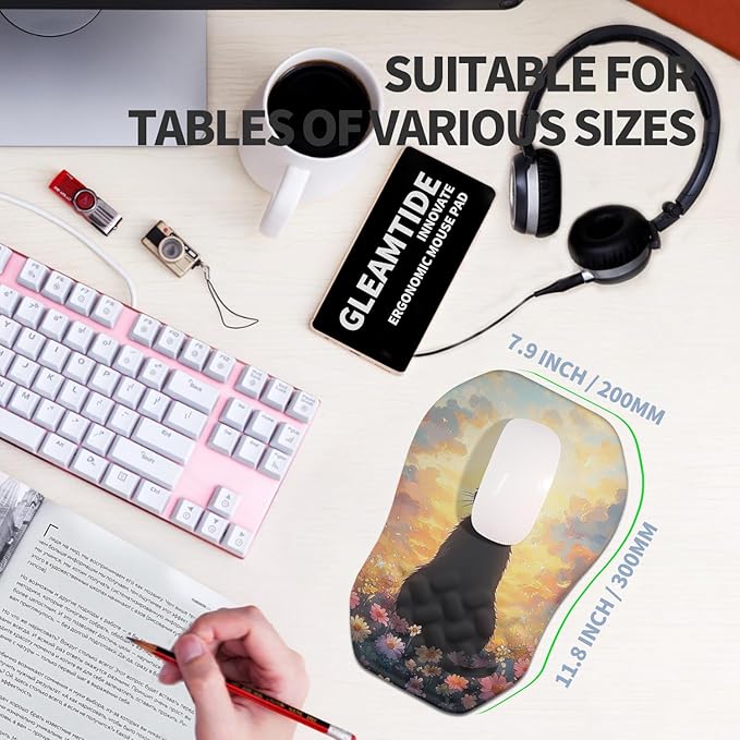 Ergonomic Raised Mouse Pad Wrist Support with Bilateral Slope Memory Foam Mousepad for Wrist Rest and Carpal Tunnel 11.8x7.9〃Flower Sea Cat