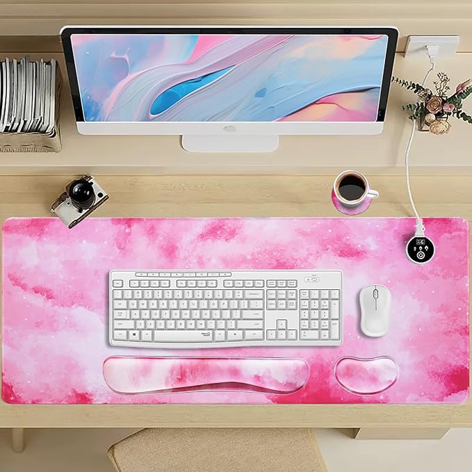 Bloss Pink Mouse Pad+Wrist Rest, 4-in-1 Larg Desk Pad Mat, Anti-Slip Keyboard Pad, Gaming Mouse Pad, Cute Desk Accessories for Keyboard and Mouse-Pink Clouds (31.5 x 15.7 Inches)
