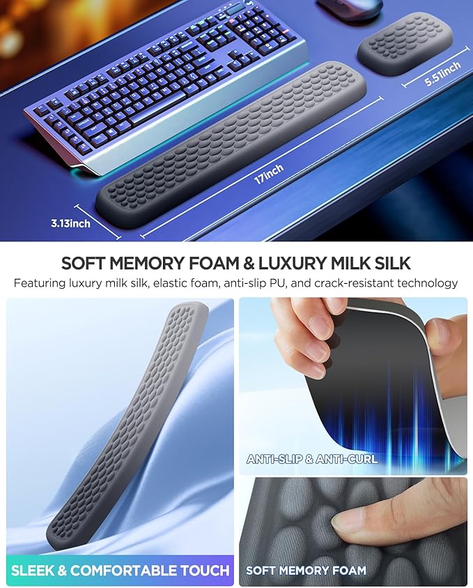 Lekvey Ergonomic Keyboard Wrist Rest, Silky Memory Foam with Massage Points Carpal Tunnel Support Wrist Pad Set for Office/Gaming, Typing Comfort, Gray-Black Gradient