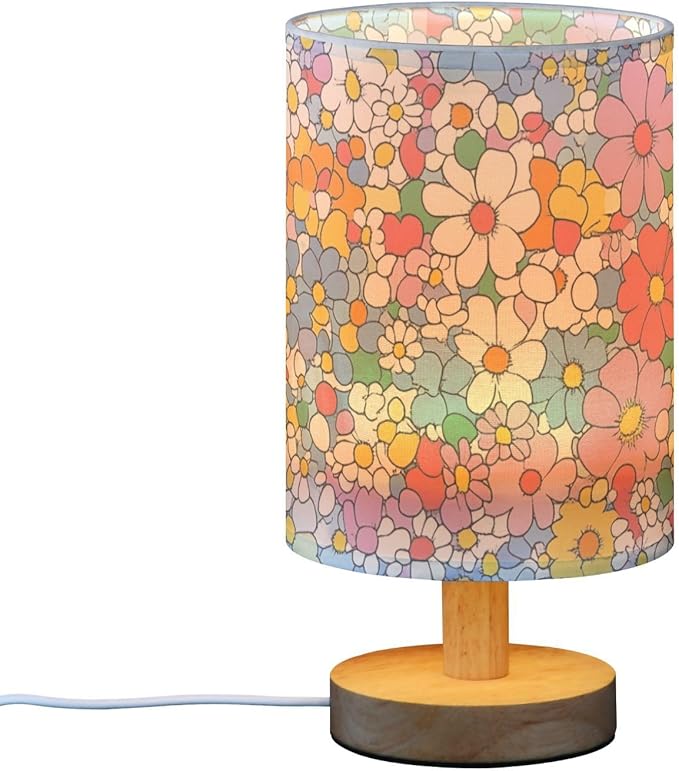 Pastel Floral LED Table Lamp, Bedside Lamp with Linen Lampshade, Flicker-Free Eye Care USB Plug in Nightstand Lamp, for Bedroom and Office