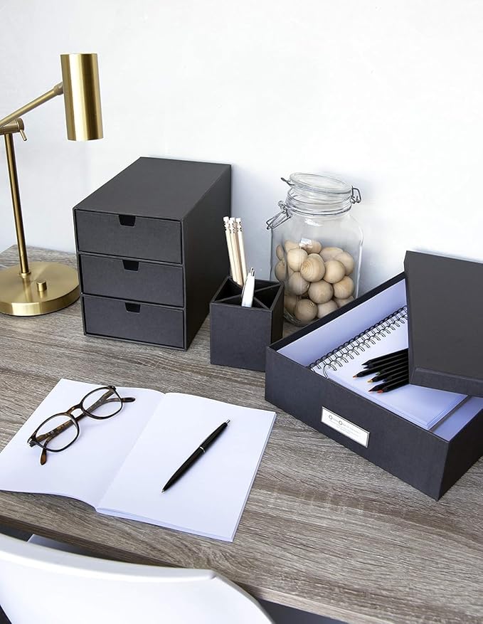 Bigso Box of Sweden Ingrid 3-Drawer Fiberboard Desk Organizer Drawers | Durable Desk Storage Organizer for Office Supplies & Accessories | Stackable Desktop Drawers | 6.3" x 9.9" x 8.1" | Light Grey