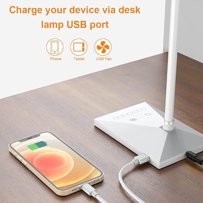 Vansuny LED Desk Lamp with USB Charging Port, Eye-Caring, 5 Color Modes,6 Brightness Levels, Touch Control, Adjustable Neck, Memory Function for Dorm Office Work Bedroom (12W,White)