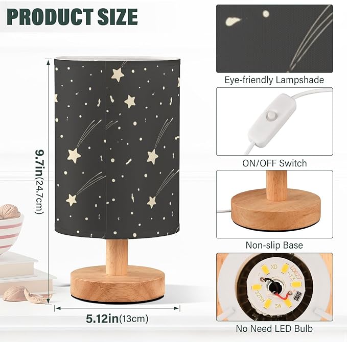Black Star LED Table Lamp, Bedside Lamp with Linen Lampshade, Flicker-Free Eye Care USB Plug in Nightstand Lamp, for Bedroom and Office