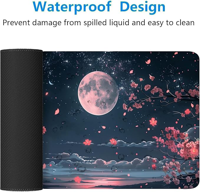 Cherry Blossom Floral Desk Pad Mouse Pad Kawaii Pink Black Moon Floral Gaming Mouse Mat with Stitched Edges,Non-Slip Waterproof Rubber Base Mous Mat Office Computer Keyboard Laptop Home 31.5"x11.8"
