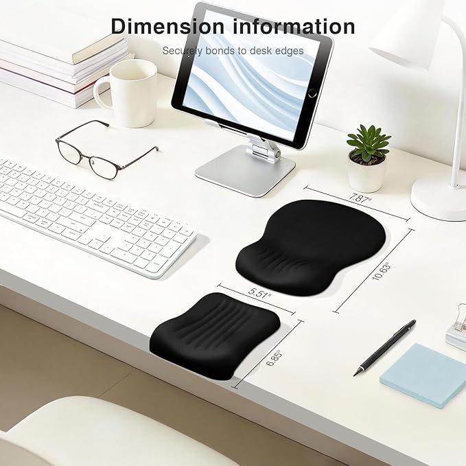 Ospelelf Mouse Pad with Wrist Rest Set Foam L-Shaped Desk Elbow Pad Ergonomic Desk Edge Cushion Anti-Slip Rubber Bottom Office Women Desk Accessories for Computer, Laptop and Gaming, Black