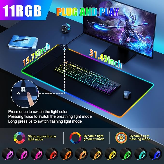 Mouse Pad with Phone Holder, Wireless Charging Desk Mat, RGB Gaming Mousepad Home Office Large Desk Pad with Ultra-Smooth Surface, Non-Slip Base, Waterproof Keyboard Pad,Black with 20W USB C Charger