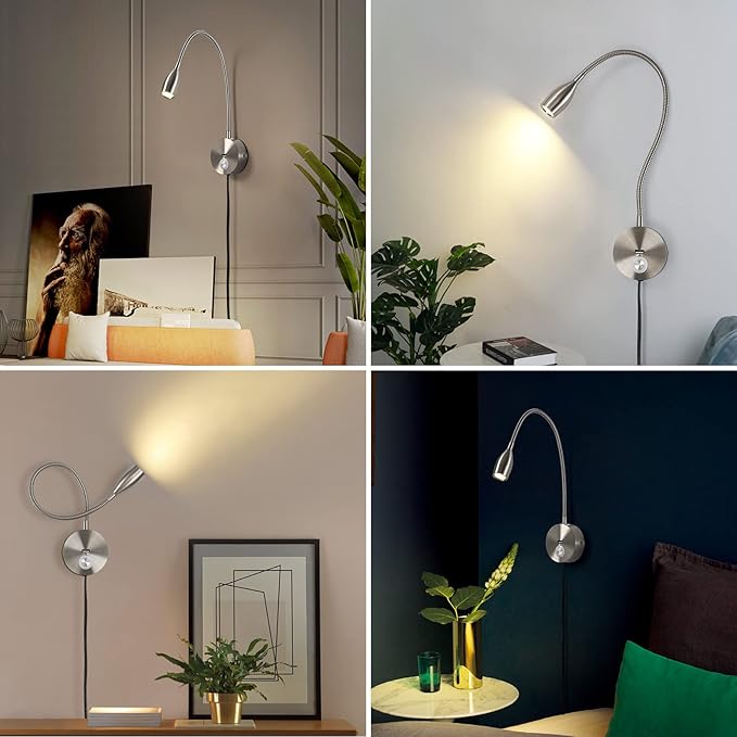 LED Wall Reading Light with USB Charging Port, Dimmable Gooseneck Bedside Lamp, Flexible Arm, 3W, (Nickel, 120V Plug in, Warm White)